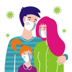 Family in medical masks on faces.