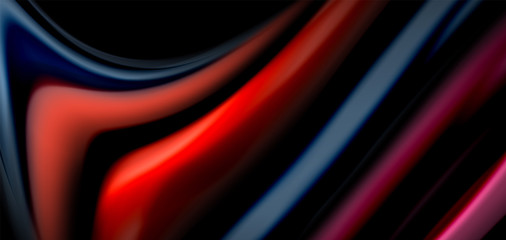 Abstract silk smooth lines on black, multicolored liquid fluid rainbow style waves on black