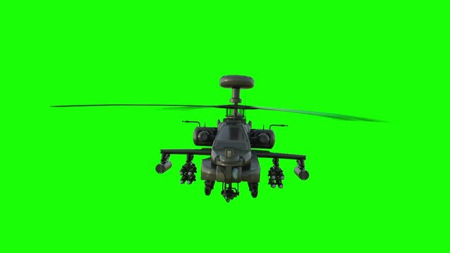 Military helicopter Boeing AH-64 Apache realistic 3d animation. Realistic reflections, shadows and motion. Green screen