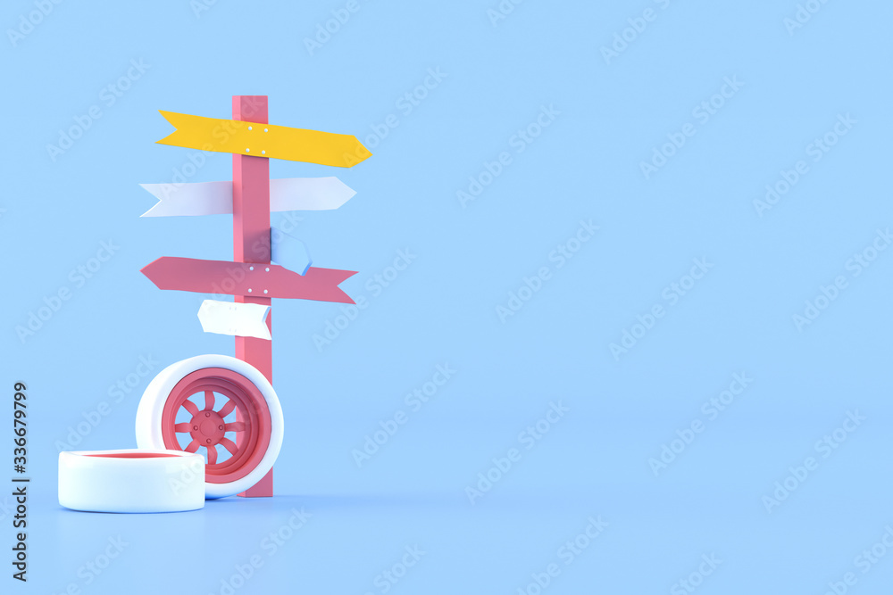 Poster Minimal conceptual idea of signpost and car wheel on blue background. 3D rendering.