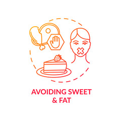 Avoiding sweet and fat red concept icon. Stop unhealthy eating. No cholesterol. Diabetes precaution. Healthy diet idea thin line illustration. Vector isolated outline RGB color drawing