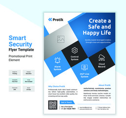 Smart Security Flyer Template Design with Blue Graphical Element Concept