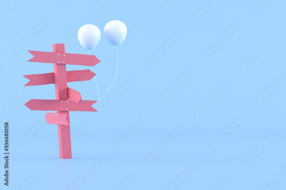 Poster minimal conceptual idea of pink signpost and white balloons on blue background. 3d rendering.