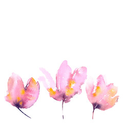 Fototapeta na wymiar Floral greeting card with pink tulips. Pink drawing flowers. Wedding invitation with gentle flowers. Pink watercolor tulips on white background. 