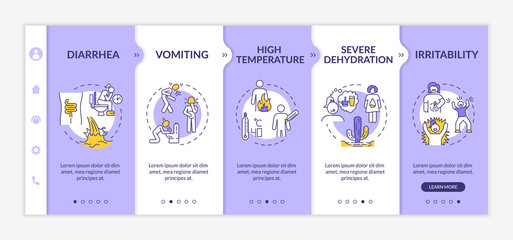 Rotavirus symptoms onboarding vector template. Diarrhea, vomiting, dehydration stomach flu signs. Responsive mobile website with icons. Webpage walkthrough step screens. RGB color concept
