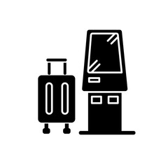 Check in kiosk flat design long shadow glyph icon. Self serving airport terminal. Checked luggage in aircraft. Panel machine for baggage. Silhouette symbol on white space. Vector isolated illustration