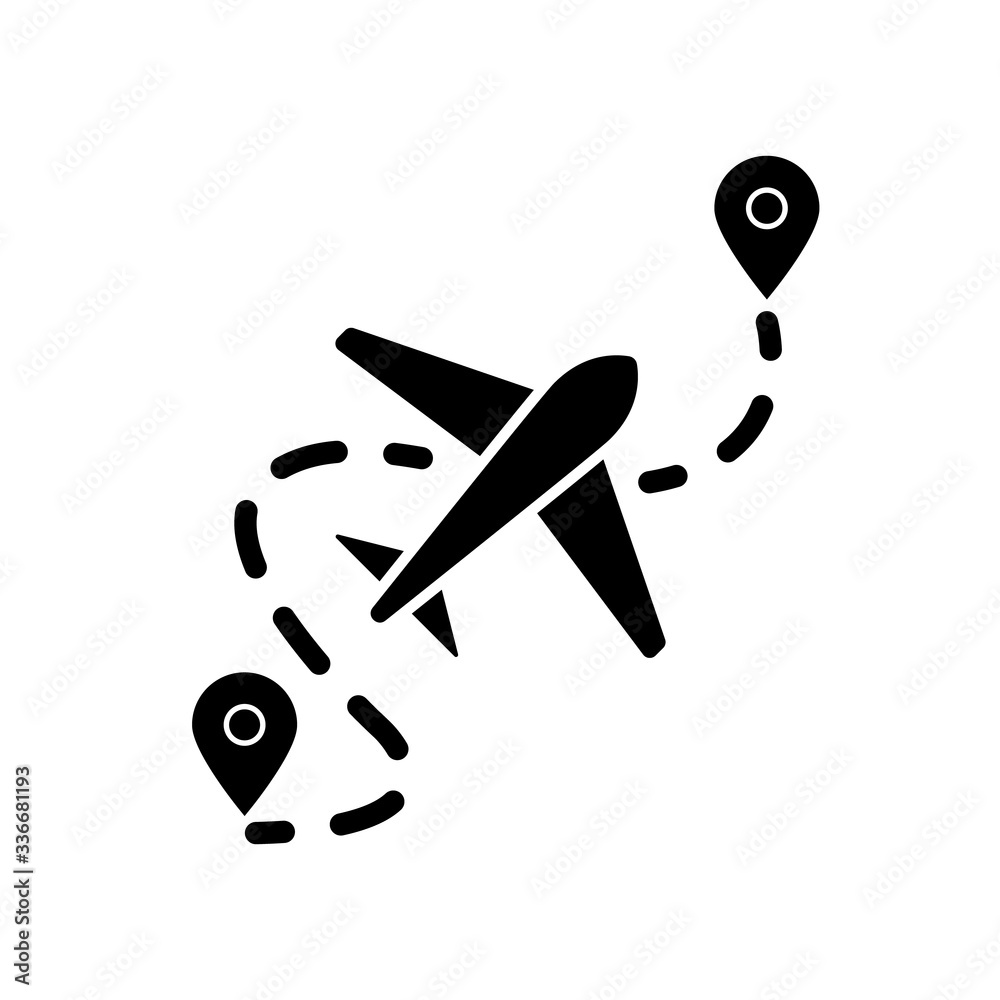 Sticker Airplane route flat design long shadow glyph icon. Plane destination with GPS pointer. Location for aeroplane arrival. Silhouette symbol on white space. Vector isolated illustration