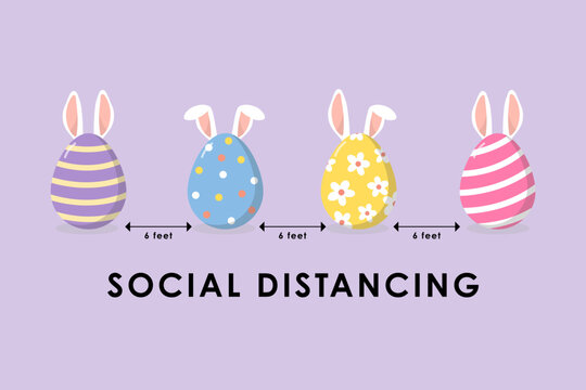 COVID-19 and social distancing infographic with cute easter eggs and ears of bunny. Animal holidays cartoon character in flat style. Corona virus protection. -Vector