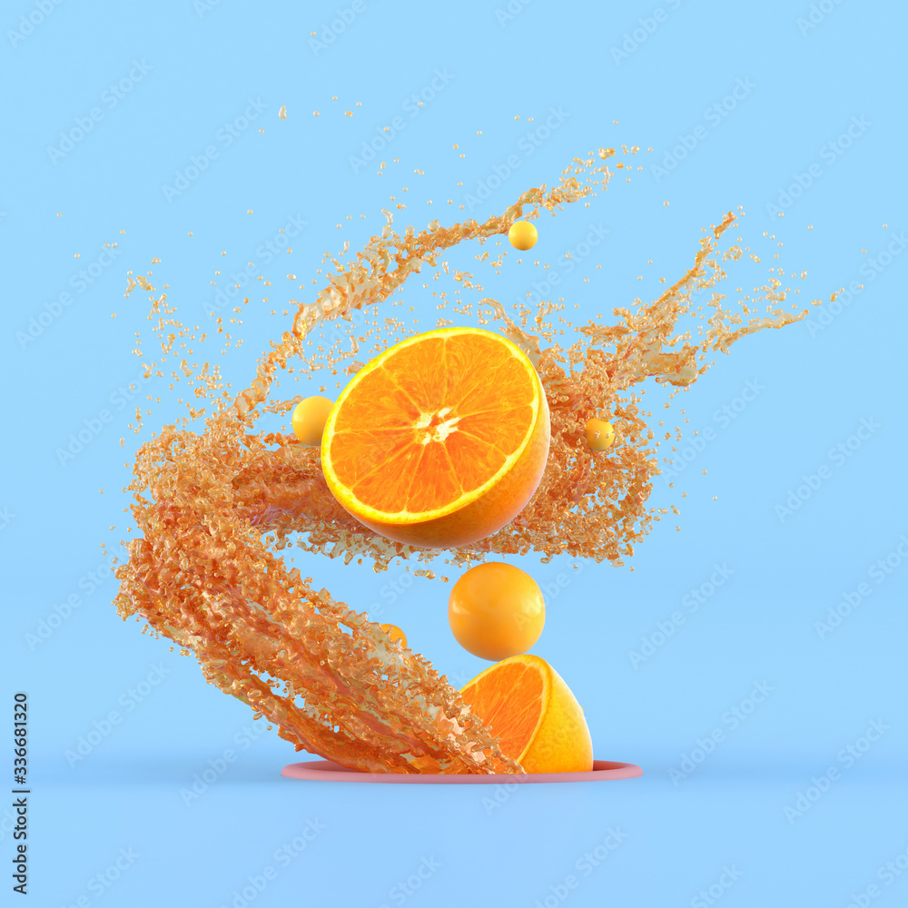 Poster Minimal conceptual idea of sliced oranges and small yellow sphere floating out from hole surround with splash orange juice on blue background. 3D rendering.
