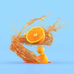 Minimal conceptual idea of sliced oranges and small yellow sphere floating out from hole surround...