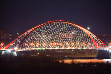Fototapeta na wymiar Illumination of Bugrinskiy bridge, Novosibirsk, Siberia