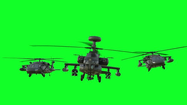 Military helicopter Boeing AH-64 Apache realistic 3d animation. Realistic reflections, shadows and motion. Green screen