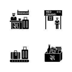 Airport terminal black glyph icons set on white space. Premium service desk. Red channel for transit to plane. Luggage on trolley. Duty free shopping. Silhouette symbols. Vector isolated illustration