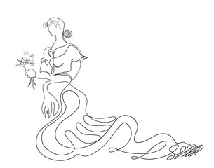 One continuous line drawing of alone woman walking for wedding ceremony.
Portrait of a beautiful bride walking alone with flowers.