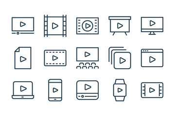 Online Cinema and Network Television line icons. Film and Online Video vector linear icon set.