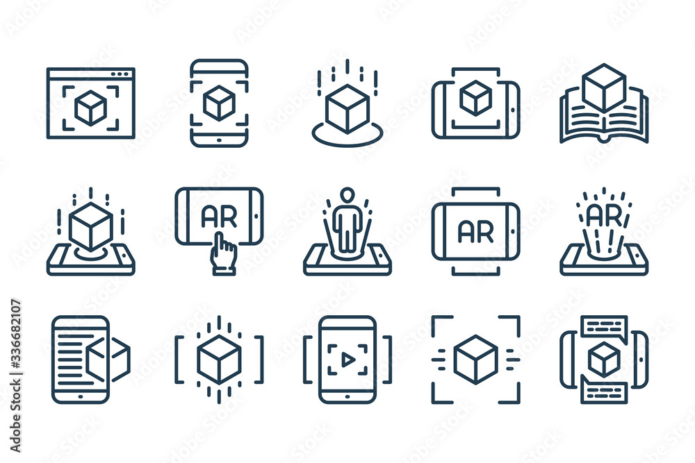 Poster augmented reality related line icon set. interactive simulation and virtual reality linear vector ic
