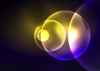 Glowing neon shiny transparent bubbles, glass circles or bio cell concept. Techno futuristic vector abstract background For Wallpaper, Banner, Background, Card, Book Illustration, landing page