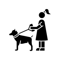 Pet sitting black glyph icon. Woman with dog on leash. Pet owner. Obedient domestic animal. Trainer service. Girl walk outdoor. Silhouette symbol on white space. Vector isolated illustration