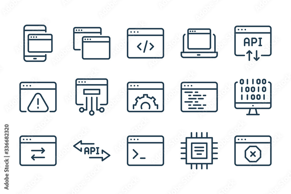 Poster website development and web support services line icons. hosting and software settings vector linear