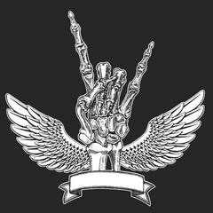 Rock heavy metal, hard rock music skeleton hand symbol. Vector icon.