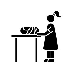 Changing table black glyph icon. Restroom for mom and child. Mother changing diaper for baby. Newborn kid care. Nanny dressing infant. Silhouette symbol on white space. Vector isolated illustration