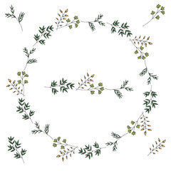 Set of green plants and cute forest pink flowers in doodle style and decorative wreath with pattern brush. Isolated objects on a white background. Vector stock illustration.