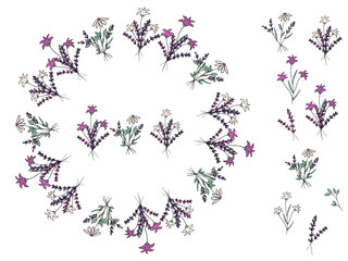 Decorative lovely colorful wreath of lovely bouquets, flowers and plants in doodle style. Lavender. Chamomile. Pattern brush. Elements of the wreath. Isolated objects on a white background.