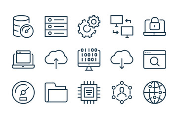 Network services and Web support line icons. Database development and Web technology vector linear icon set. - obrazy, fototapety, plakaty