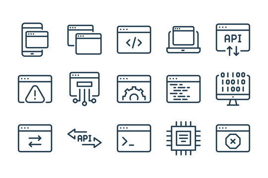Website development and Web support services line icons. Hosting and Software Settings vector linear icon set.
