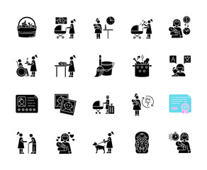 Babysitter service black glyph icons set on white space. Night time nanny for infant kid. Full and part time child care. Pet sitting. Social worker. Silhouette symbols. Vector isolated illustration