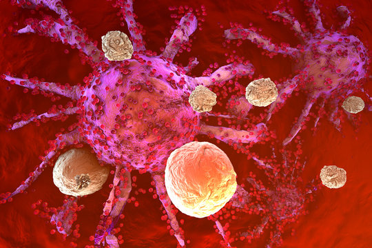 T-Cells of the immune System attacking growing Cancer cells