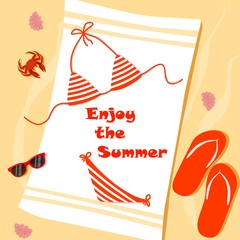 Enjoy The Summer in the Sand Colorful Text and Background with Summer Season Items in the Beach. Vector Illustration