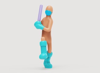 3d render of a character with a bat in a medical mask in boots and gloves, the fight against viruses