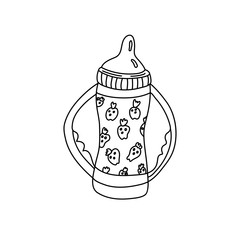 Baby feeding bottle with handles decorated with strawberries in doodle style.  Hand drawn vector illustration in black ink on white background.