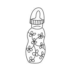 Baby feeding bottle decorated with flowers in doodle style.  Hand drawn vector illustration in black ink on white background.
