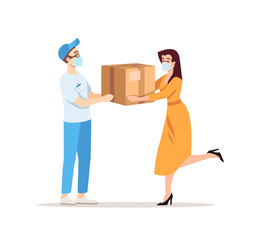 Man in surgical mask delivering parcel semi flat RGB color vector illustration. Courier and woman isolated cartoon character on white background. Ordering goods on quarantine, coronavirus pandemic