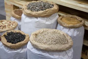 Variety of seeds in paper bags. Sowing material