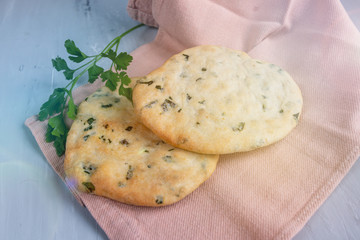 pita bread on a table top view, empty space for text, traditional cuisine concept