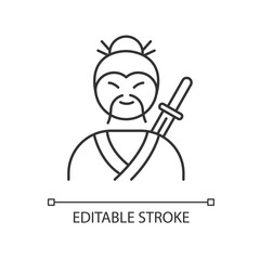 Samurai pixel perfect linear icon. Asian martial arts fighter. Old man with moustache and katana. Thin line customizable illustration. Contour symbol. Vector isolated outline drawing. Editable stroke