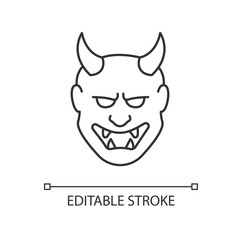 Japanese mask pixel perfect linear icon. Hannya face. Evil mythological creature from folklore. Thin line customizable illustration. Contour symbol. Vector isolated outline drawing. Editable stroke