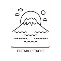 Fuji mount pixel perfect linear icon. Tokyo mountain with sunrise. Volcano with sea and sunset. Thin line customizable illustration. Contour symbol. Vector isolated outline drawing. Editable stroke