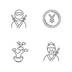 Japan pixel perfect linear icons set. Ninja warrior. Yen coin. Bonsai tree. Traditional japanese symbols. Customizable thin line contour symbols. Isolated vector outline illustrations. Editable stroke