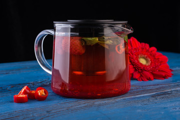 Hot tea with strawberries and pepper