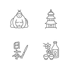 Japan pixel perfect linear icons set. Sumo fighter. Shintoism temple. Traditional japanese attributes. Customizable thin line contour symbols. Isolated vector outline illustrations. Editable stroke