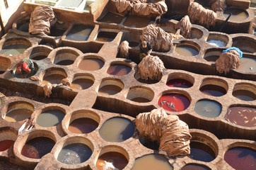 Chouara Tannery is one of the three tanneries in the city of Fez, Morocco. Built in the 11th century, the largest tannery in the city. Worker working on the leather dying.