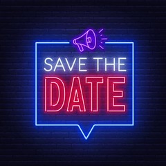 Save the date neon sign on brick wall background. Vector illustration.
