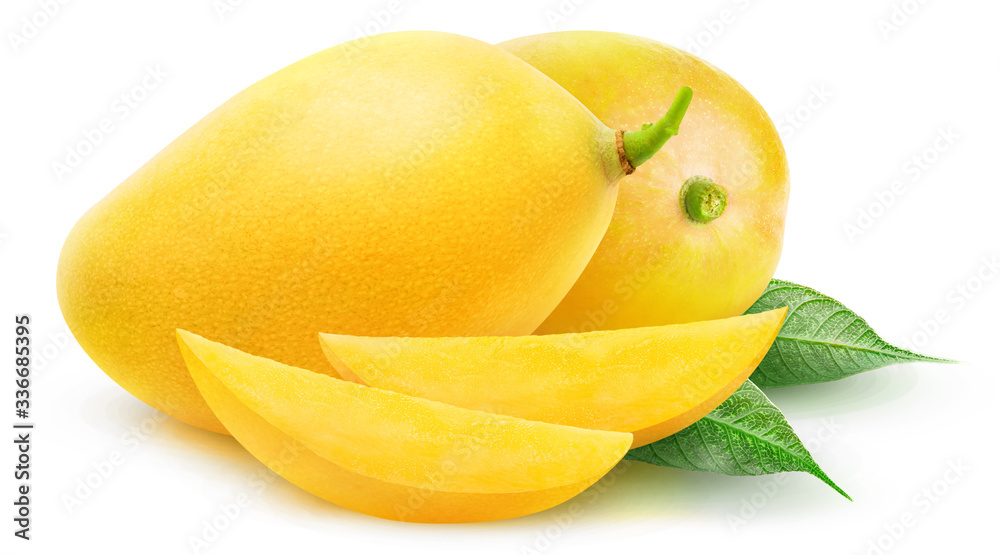 Aufkleber isolated yellow mangoes. two mango fruits and slices isolated on white background with clipping path