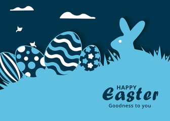 Flat happy easter day background with rabbit on grass with decorative eggs. 