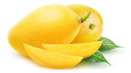 Isolated yellow mangoes. Two mango fruits and slices isolated on white background with clipping path