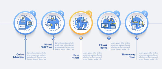 Home activity vector infographic template. Entertainment and online education presentation design elements. Data visualization with 5 steps. Process timeline chart. Workflow layout with linear icons